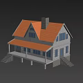Single Family House With Orange Roof Gray Exterior Chimney Front Porch And Steps