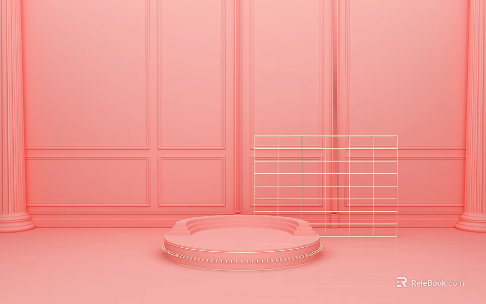 Modern Circular Display Stand And Grid Shelf On Pink Paneled Wall Background 3d model