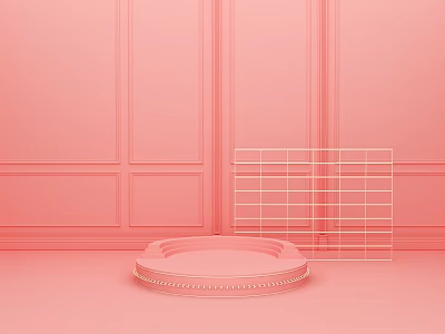 Modern Circular Display Stand And Grid Shelf On Pink Paneled Wall Background 3d model