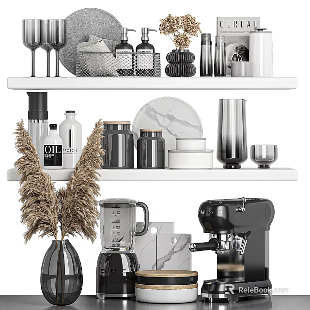 Kitchen Shelves With Cookware And Decorative Elements 3d model 