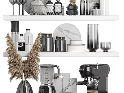 Kitchen Shelves With Cookware And Decorative Elements 3d model