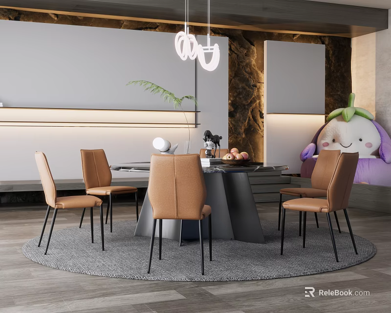 Modern Dining Room Interior With Round Table Brown Leather Chairs Pendant Lights And Gray Rug 3d model 