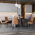 Modern Dining Room Interior With Round Table Brown Leather Chairs Pendant Lights And Gray Rug