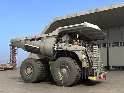 Large Mining Functional Vehicle With Huge Tires Open Bed And Industrial Building Background 3d model