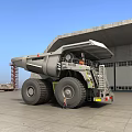 Large Mining Functional Vehicle With Huge Tires Open Bed And Industrial Building Background