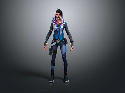 Game Character In Blue Purple Hooded Coat With Weapon Belt Standing Against Gray Background 3d model