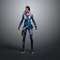Game Character In Blue Purple Hooded Coat With Weapon Belt Standing Against Gray Background