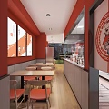 Modern Restaurant Interior With Red Walls Wooden Floors Dining Tables And Menu Posters on Walls