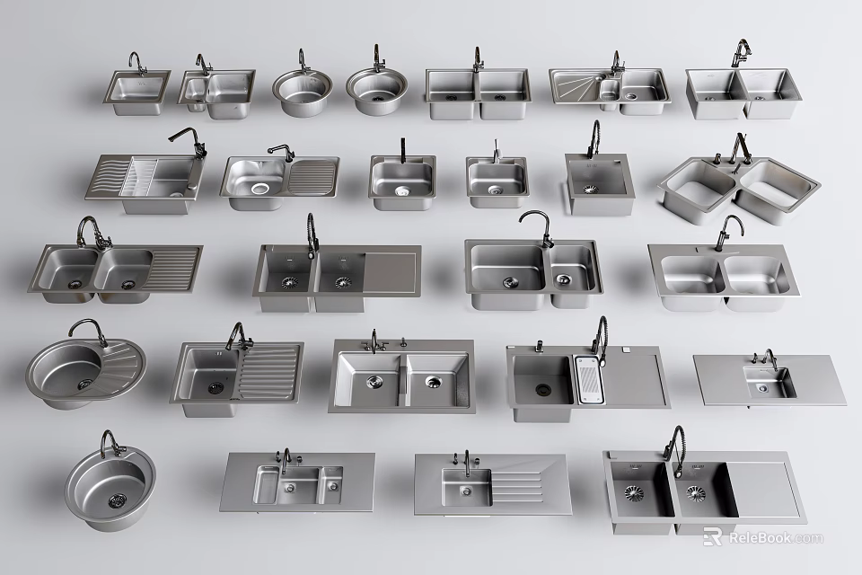 Stainless Steel Kitchen Sinks Various Designs Single Double Bowl With Drainboard 3d model 