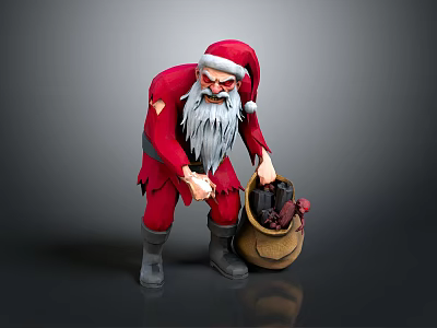 Evil Santa Claus Figure In Red Costume With White Beard And Sack Of Black Items 3d model