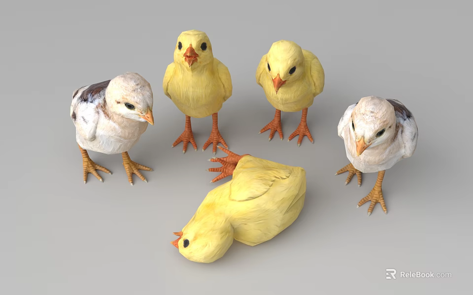 Cute Baby Chicks in Yellow and White with Different Standing and Lying Poses 3d model 