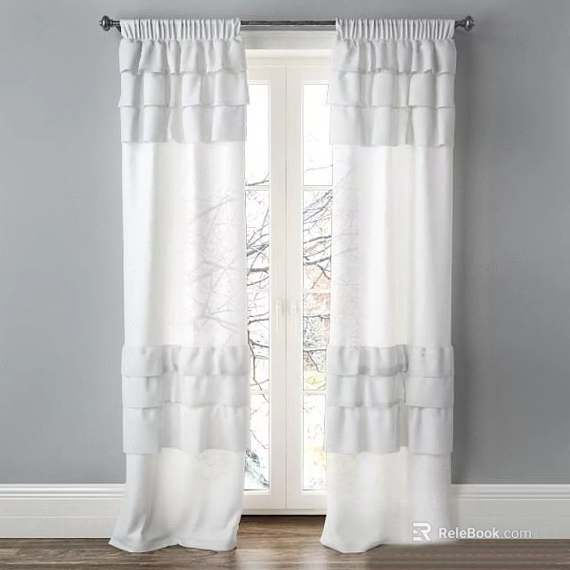 White Ruffled Sheer Curtains With Lightweight Fabric For Gray Wall Window 3d model