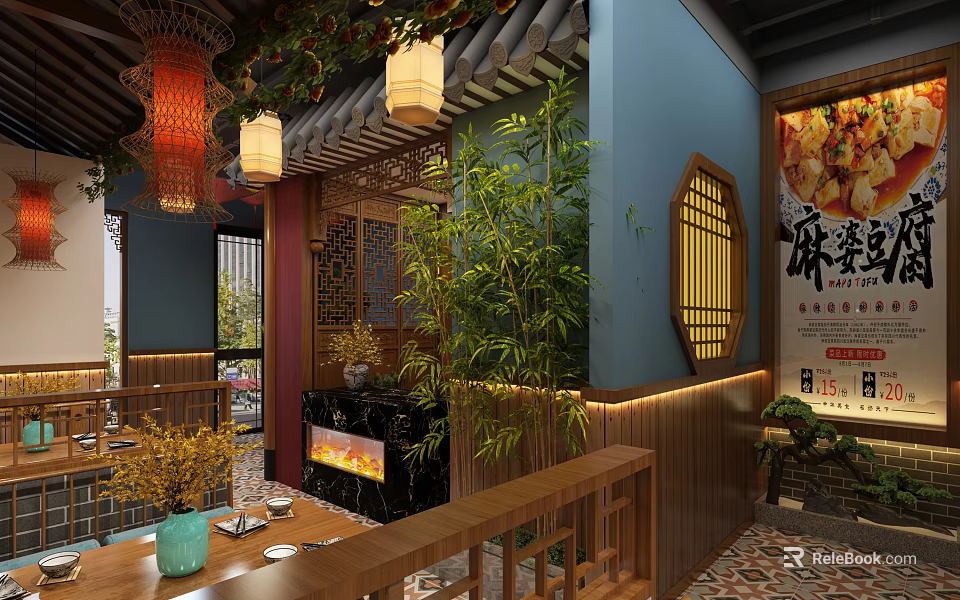 Traditional Chinese Restaurant With Hanging Lanterns Bamboo Decor Wooden Screen And Mapo Tofu Mural 3d model 