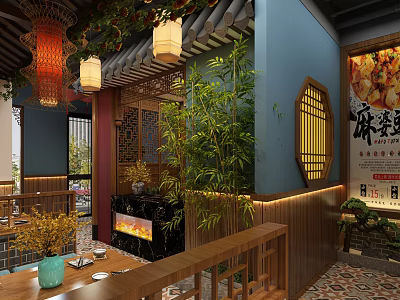 Traditional Chinese Restaurant With Hanging Lanterns Bamboo Decor Wooden Screen And Mapo Tofu Mural 3d model