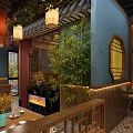 Traditional Chinese Restaurant With Hanging Lanterns Bamboo Decor Wooden Screen And Mapo Tofu Mural