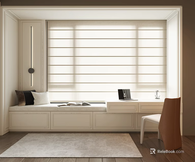 Minimalist Bay Window Area With Cushions Books Desk Chair And Light Colored Blinds 3d model 
