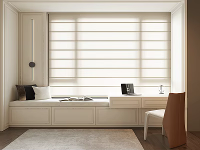 Minimalist Bay Window Area With Cushions Books Desk Chair And Light Colored Blinds 3d model