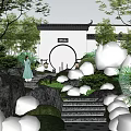 Rockery Stones in Traditional Chinese Garden with Lush Greenery Stone Steps and Round Gate