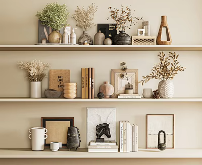 Modern Minimalist Decorative Ornament Set With Vases Plants Framed Artworks And Books On Shelves 3d model