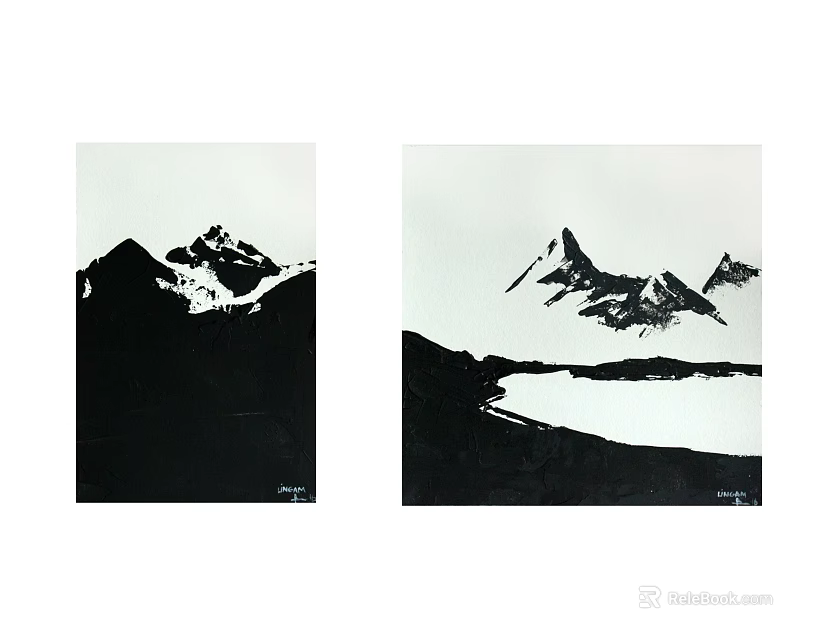 Black and White Landscape Paintings Featuring Snowy Mountains and Calm Lake 3d model 