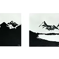 Black and White Landscape Paintings Featuring Snowy Mountains and Calm Lake