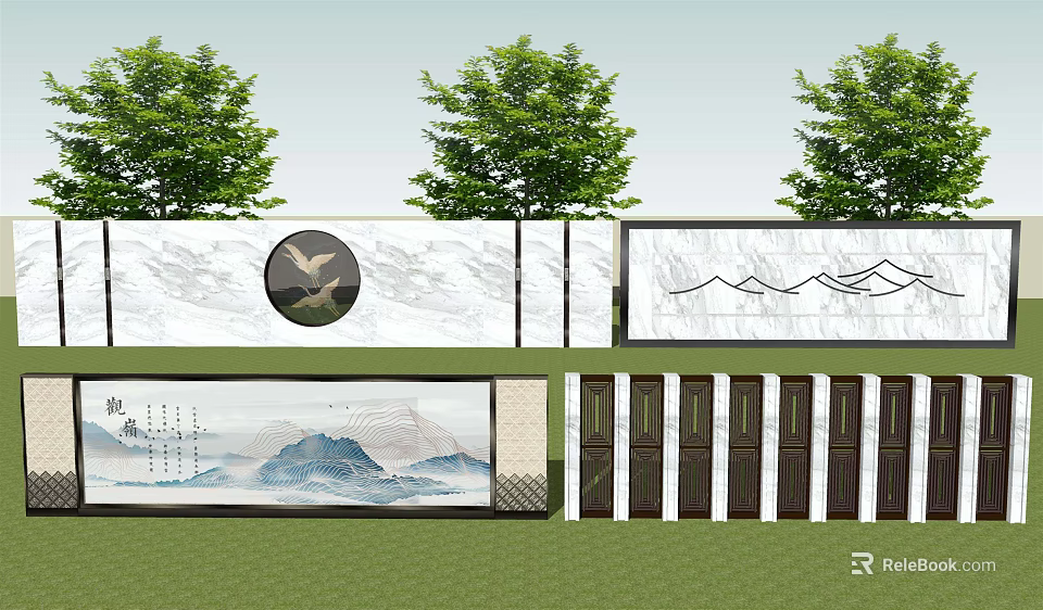 Oriental Landscape Wall Design with Mountain Patterns Circular Decoration and Wooden Panels 3d model 