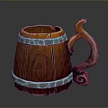 Decorative Wooden Barrel Shaped Mug With Wood Grain Texture Metal Bands And Curved Handle