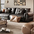 Modern Living Room Interior With Black Leather Sofa Beige Armchair Coffee Table And Window Blinds