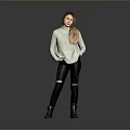 Woman In Light Blue Turtleneck Sweater Ripped Black Jeans And Black Boots On Gray Background