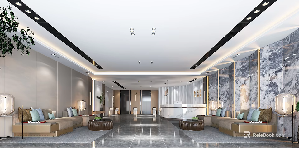 Modern Lobby Reception Desk With Sofas Decorative Walls Lighting And Marble Flooring 3d model