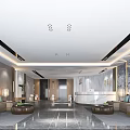Modern Lobby Reception Desk With Sofas Decorative Walls Lighting And Marble Flooring 3d model