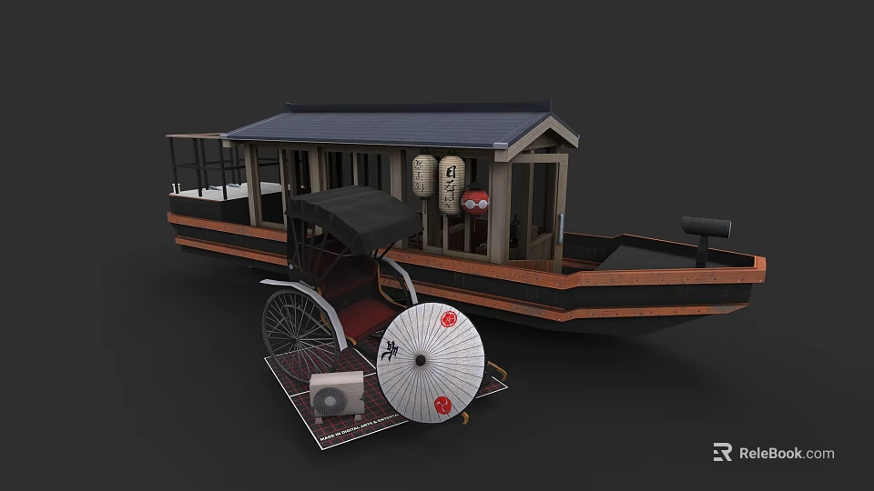 Traditional Chinese Wooden Boat With Rickshaw Umbrella And Hanging Lanterns 3d model 