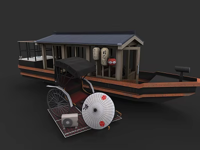 Traditional Chinese Wooden Boat With Rickshaw Umbrella And Hanging Lanterns 3d model