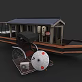 Traditional Chinese Wooden Boat With Rickshaw Umbrella And Hanging Lanterns