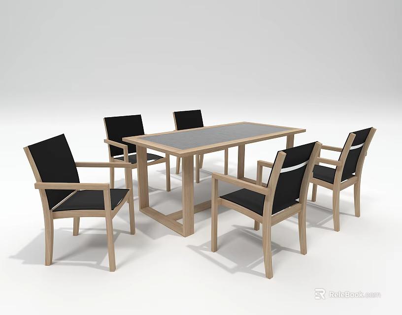 Modern Rectangular Dining Table Set With Wooden Frame And Black Upholstered Chairs 3d model