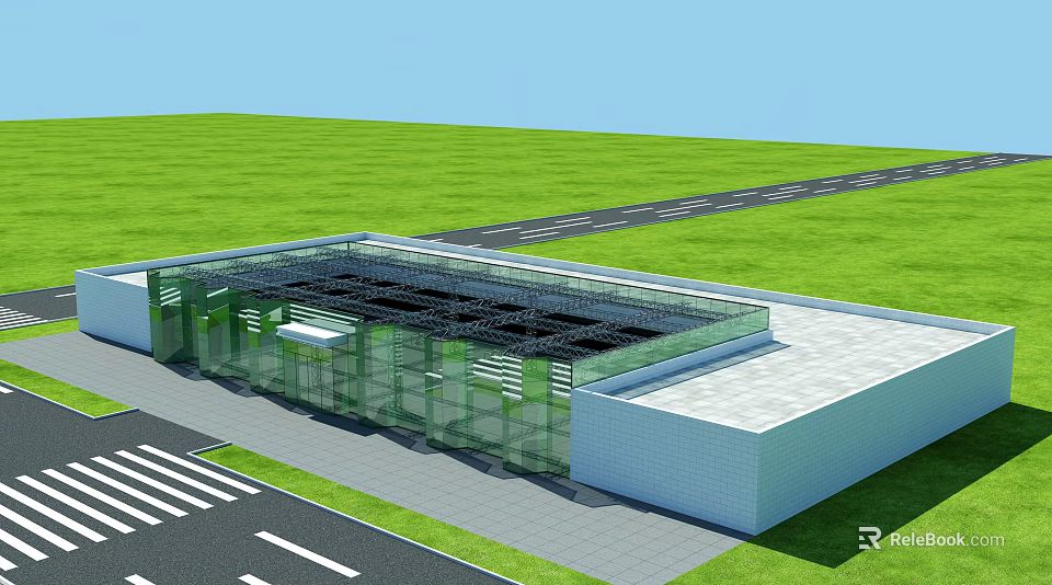 Aerial View Planning of Modern Glass Building with Green Grassland Road and Roof Grid Design 3d model 