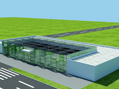 Aerial View Planning of Modern Glass Building with Green Grassland Road and Roof Grid Design 3d model