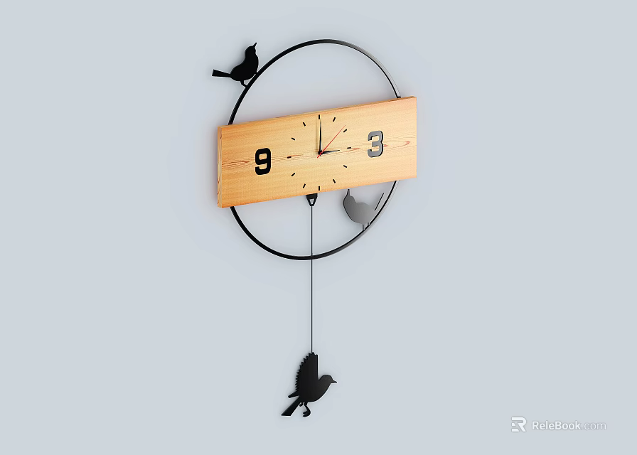 Wooden Wall Clock With Black Bird Decorations And Numeric Display Minimalist Design 3d model 