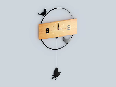 Wooden Wall Clock With Black Bird Decorations And Numeric Display Minimalist Design 3d model