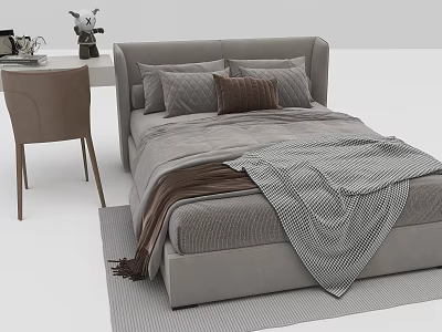 Modern Gray Children's Bed With Soft Pillows Striped Blanket And Side Chair 3d model