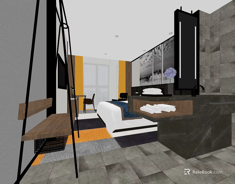 Modern Hotel Guest Room Interior With Comfortable Bed Stylish Furniture And Decorative Painting 3d model 