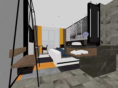 Modern Hotel Guest Room Interior With Comfortable Bed Stylish Furniture And Decorative Painting 3d model