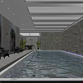 Elegant Modern Swimming Pool Interior With Stone Walls Lighting And Seating Area