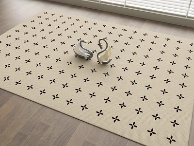 Beige Square Rug With Black Star Patterns And Silver Items On Wooden Floor 3d model
