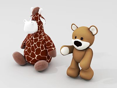 Soft Brown Bear and Brown White Spotted Giraffe Stuffed Toys Sitting Together 3d model
