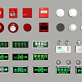 Fire Safety Equipment Collection Featuring Alarm Buttons Smoke Detectors Exit Signs Green Directional Indicators