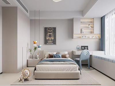 Modern Kids Bedroom With Soft Tones Cozy Bed And Art Decor 3d model