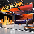 Brand Name Exhibition Booth Modern Design With Colorful Overhead Lighting Reception Desk And Display Screens