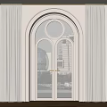 Elegant Arched Double Doors With Ivory Ribbed Glass Panels And Floor To Ceiling Curtains