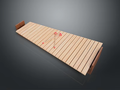 Wooden Equipment Platform With Long Slatted Design And Red Components On Dark Surface 3d model